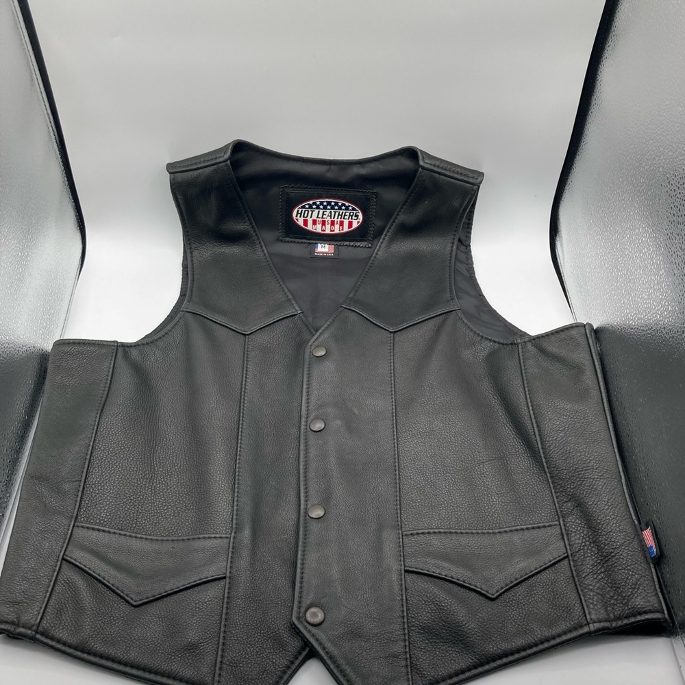 Black Leather Motorcycle Vest with Structured Shoulders